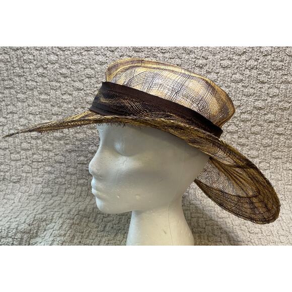 VTG Saks Fifth Ave Gold Brown Straw Hat NWT Wide Brim Italy Sun OS main image 7